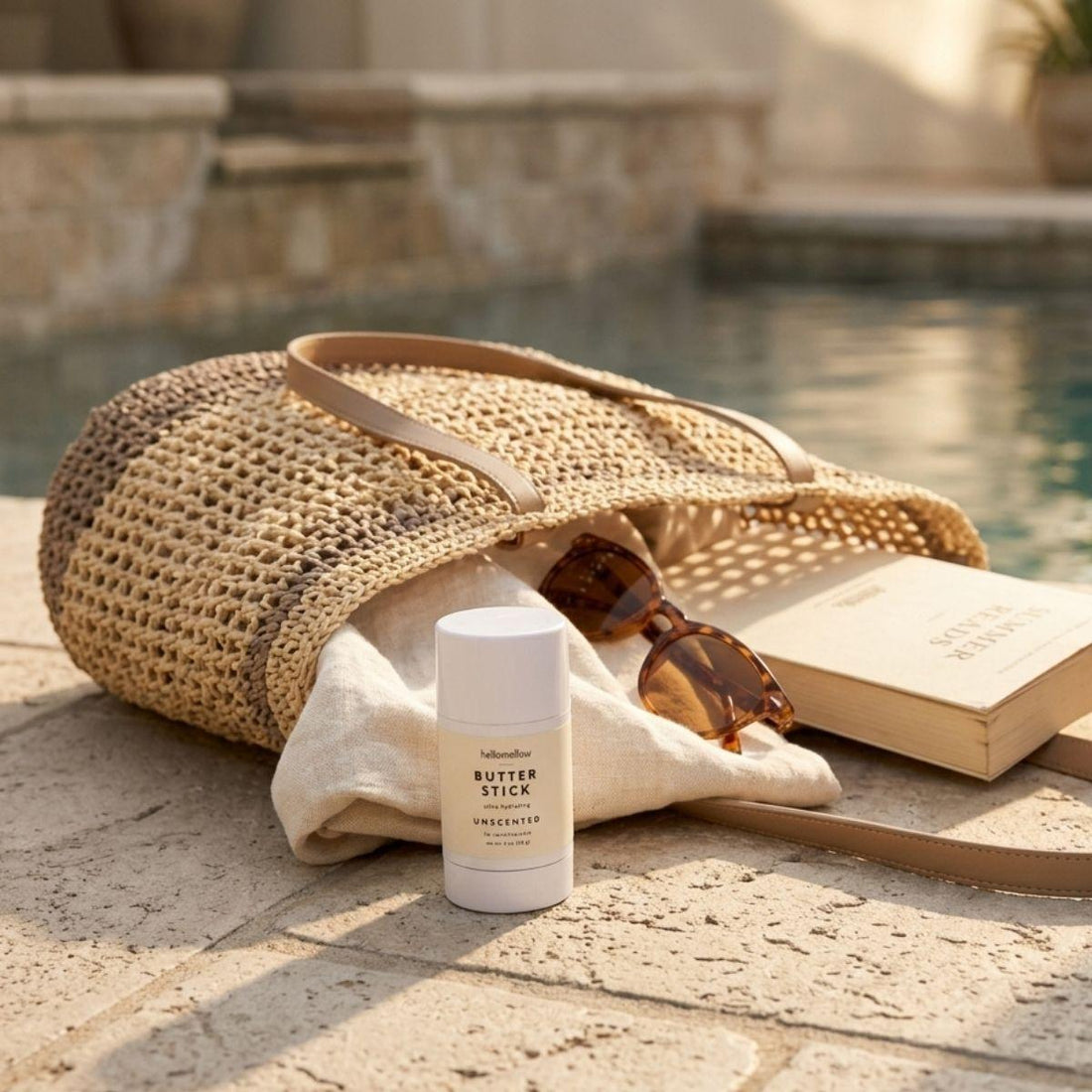 one unscented butter stick pictured outdoor next to a pool and a bag