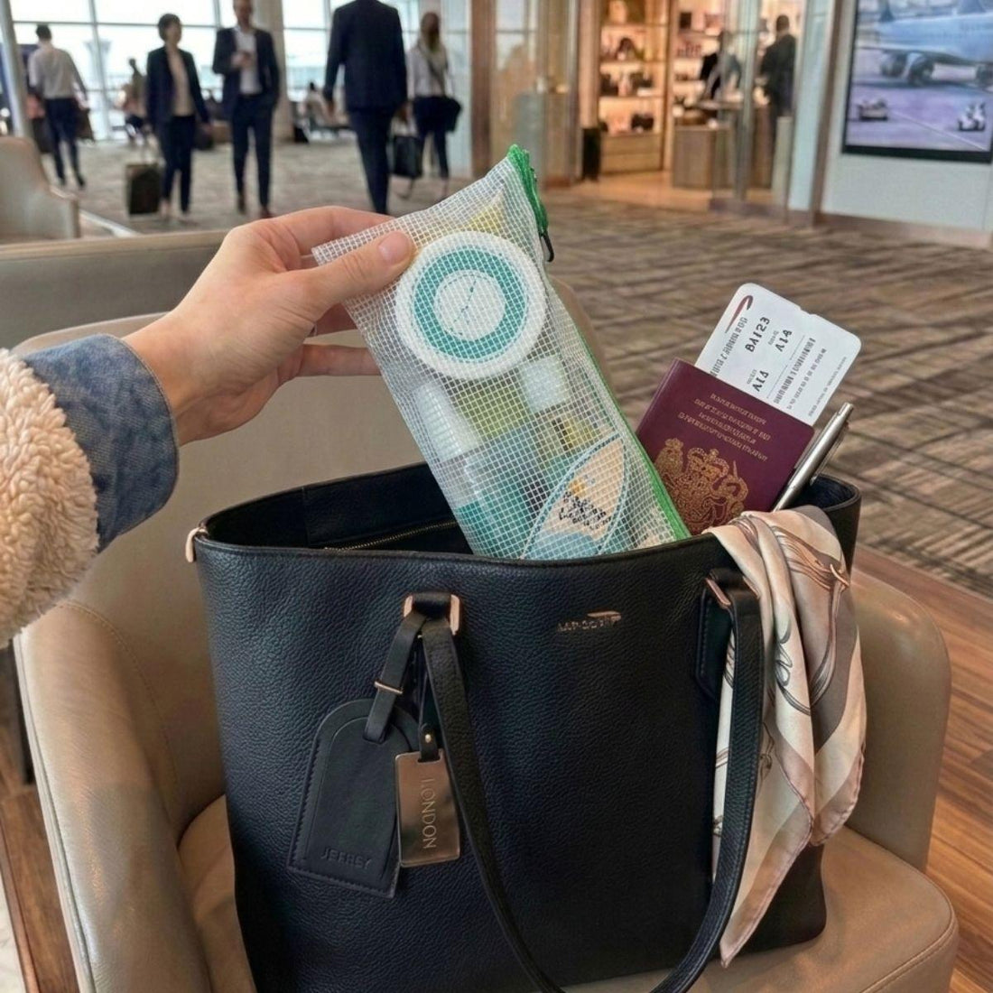 empower vacay vibe travel bodycare set inside of a purse at the airport