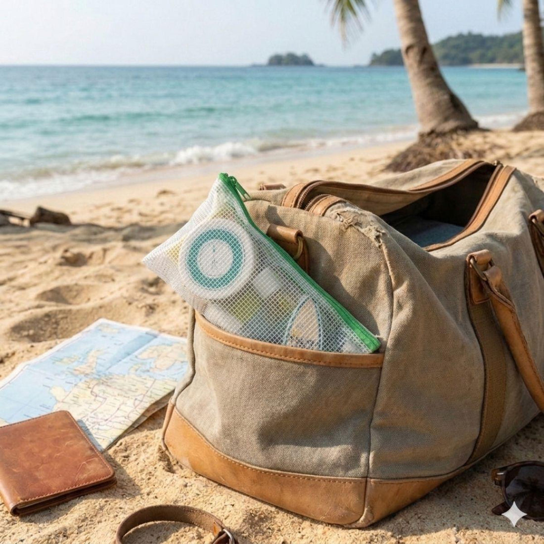 empower vacay vibe inside of branded hellomellow bag in a beach bag on the beach