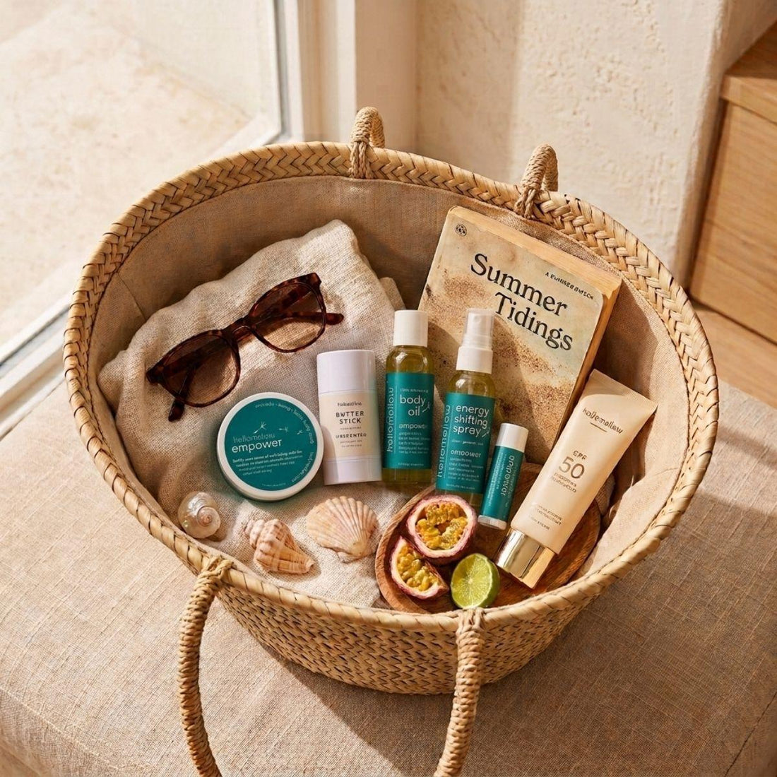 empower deluxe vacay vibe in a cozy travel basket mini body scrub, one unscented body butter stick, mini body oil, mini energy shifting spray, lip butter pictured with a book sunglasses and sunscreen
