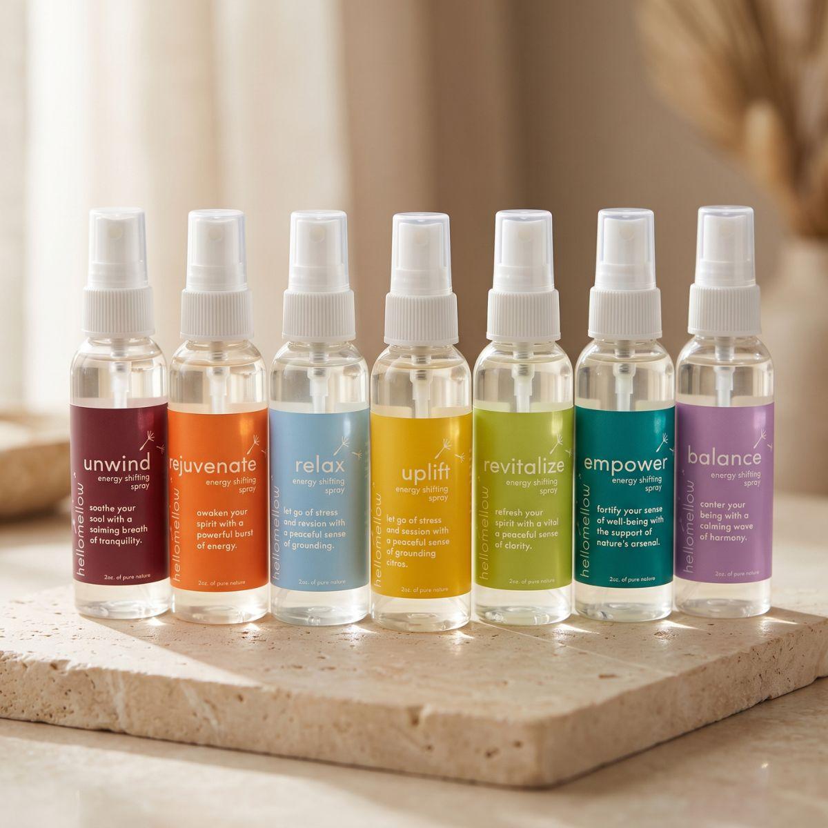 all 7 energy shifting spray aroma products arranged together with labels facing forward