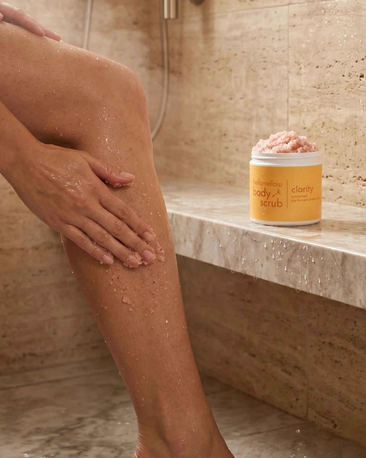exfoliating leg with hellomellow unscented clarity body scrub
