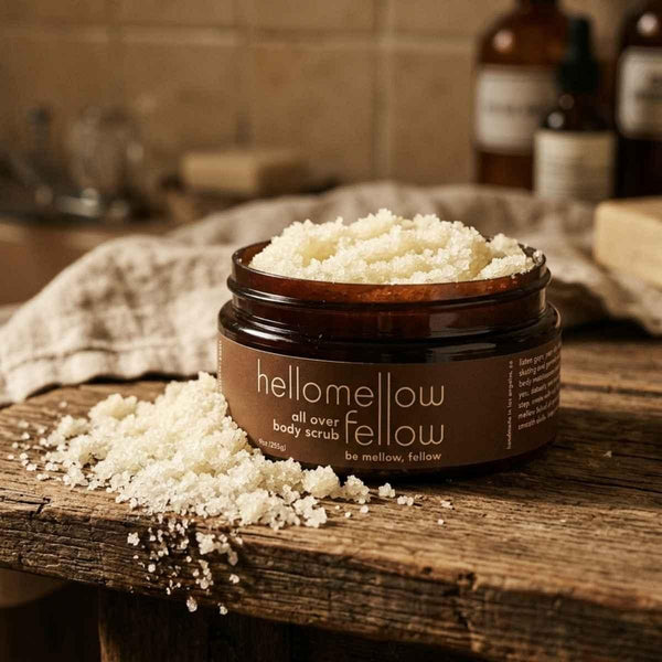 hellomellow fellow body scrub on a wood counter top