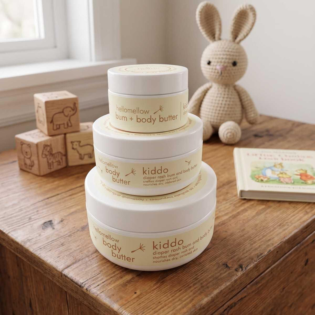 hellomellow kiddo butter stack 3 sizes on kids dresser with toys