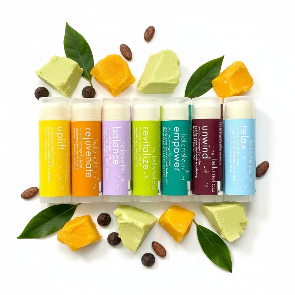 all lip butter aromas pictured together with avocado and mango butter around