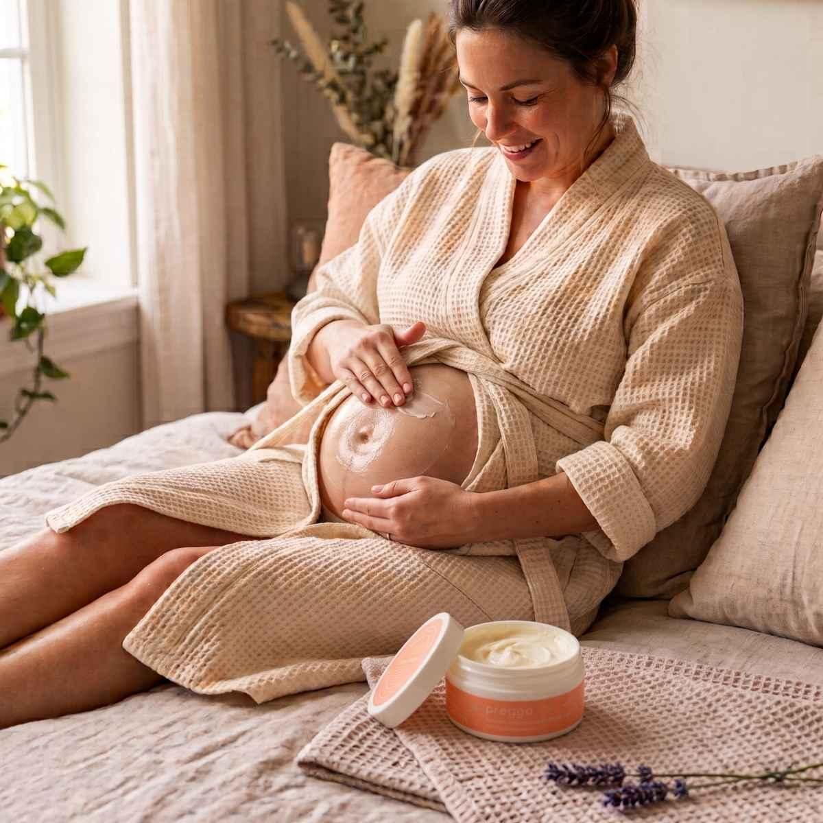 pregnant woman applying hellomellow preggo no itch and stretch mark butter