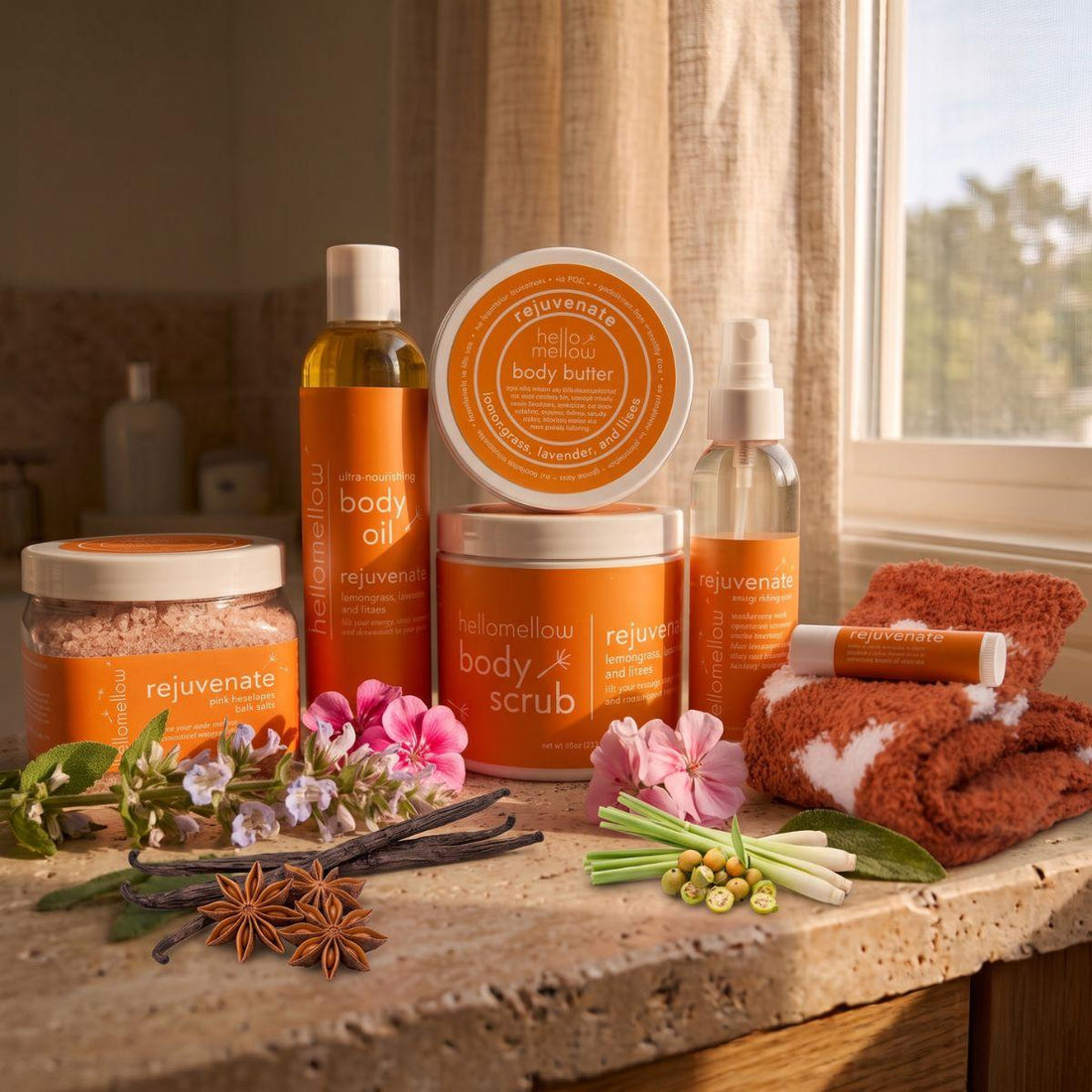 rejuvenate body scrub, body oil, and current butter products grouped together on a warm bathroom counter