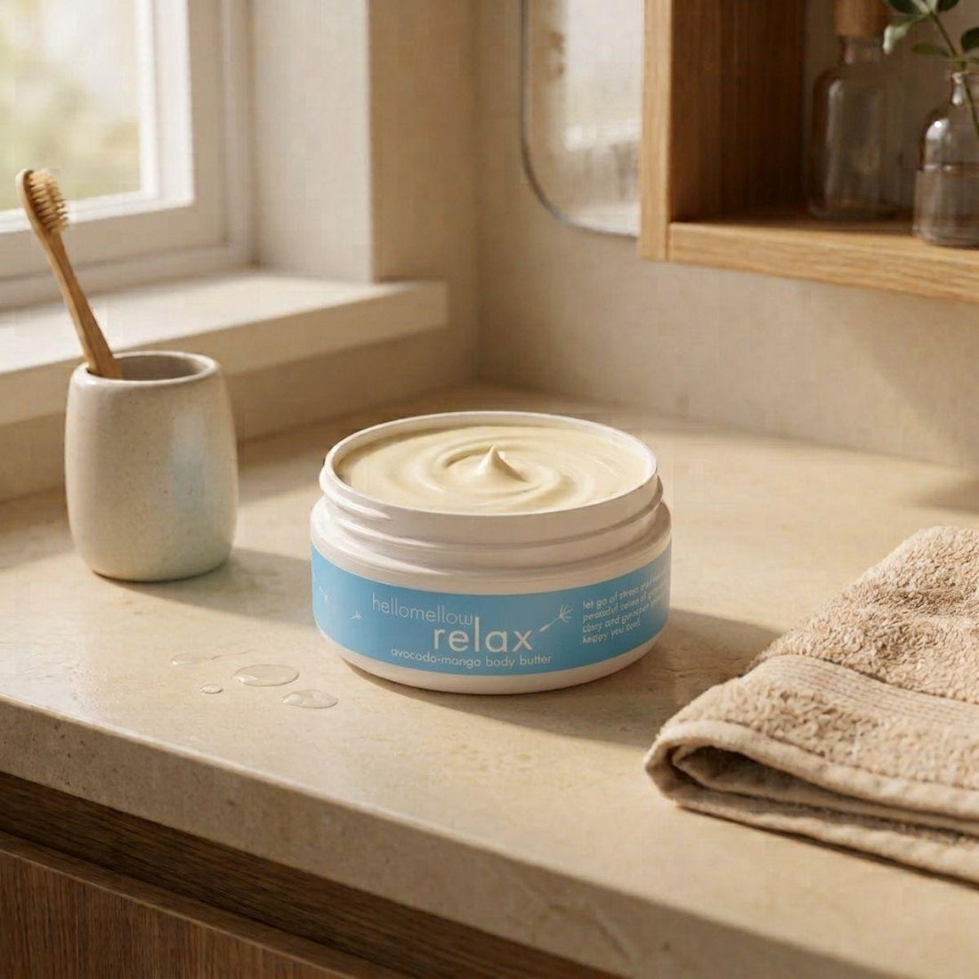 open relax body butter showing its real natural texture inside the jar