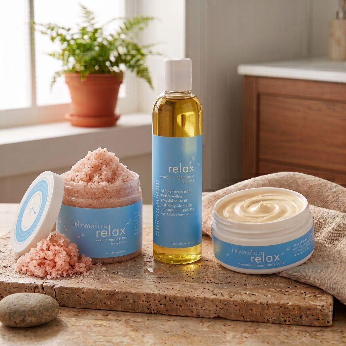 full relax essential routine photo with body scrub and body butter open
