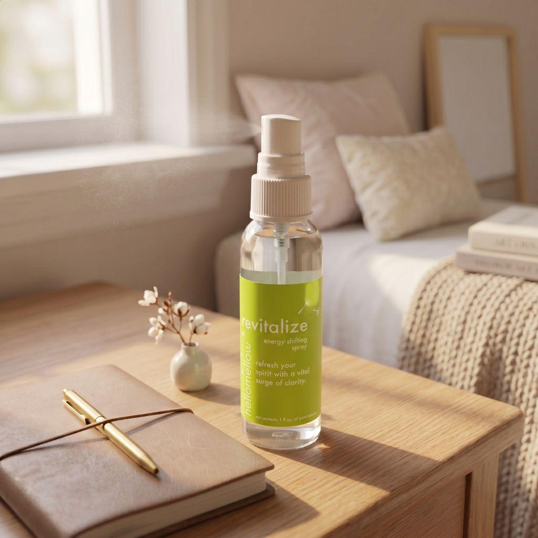 revitalize energy shifting spray on a bedside table in a simple everyday setting