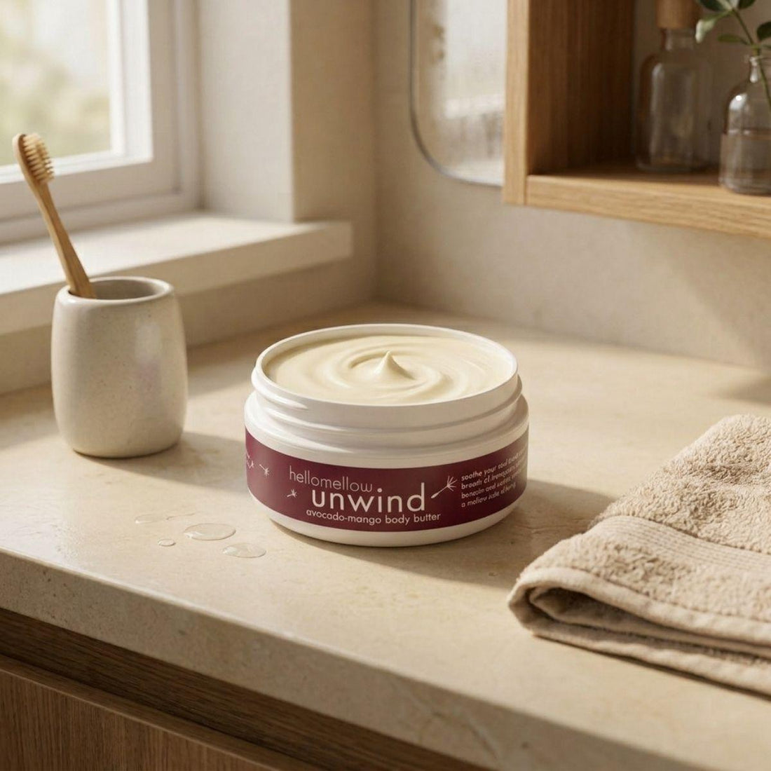 open unwind body butter showing its real natural texture inside the jar