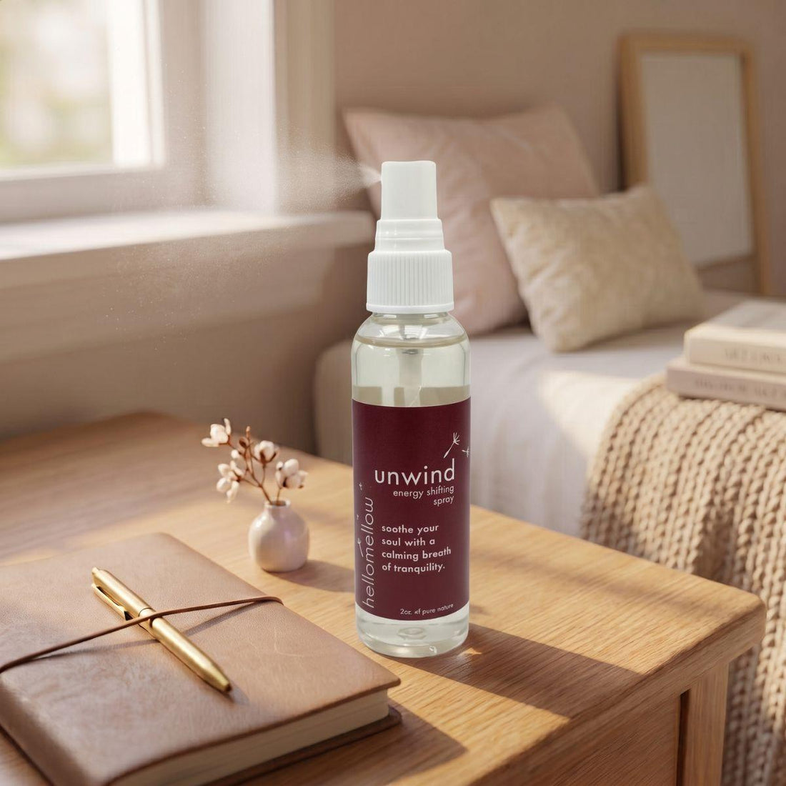 unwind energy shifting spray on a bedside table in a simple everyday setting