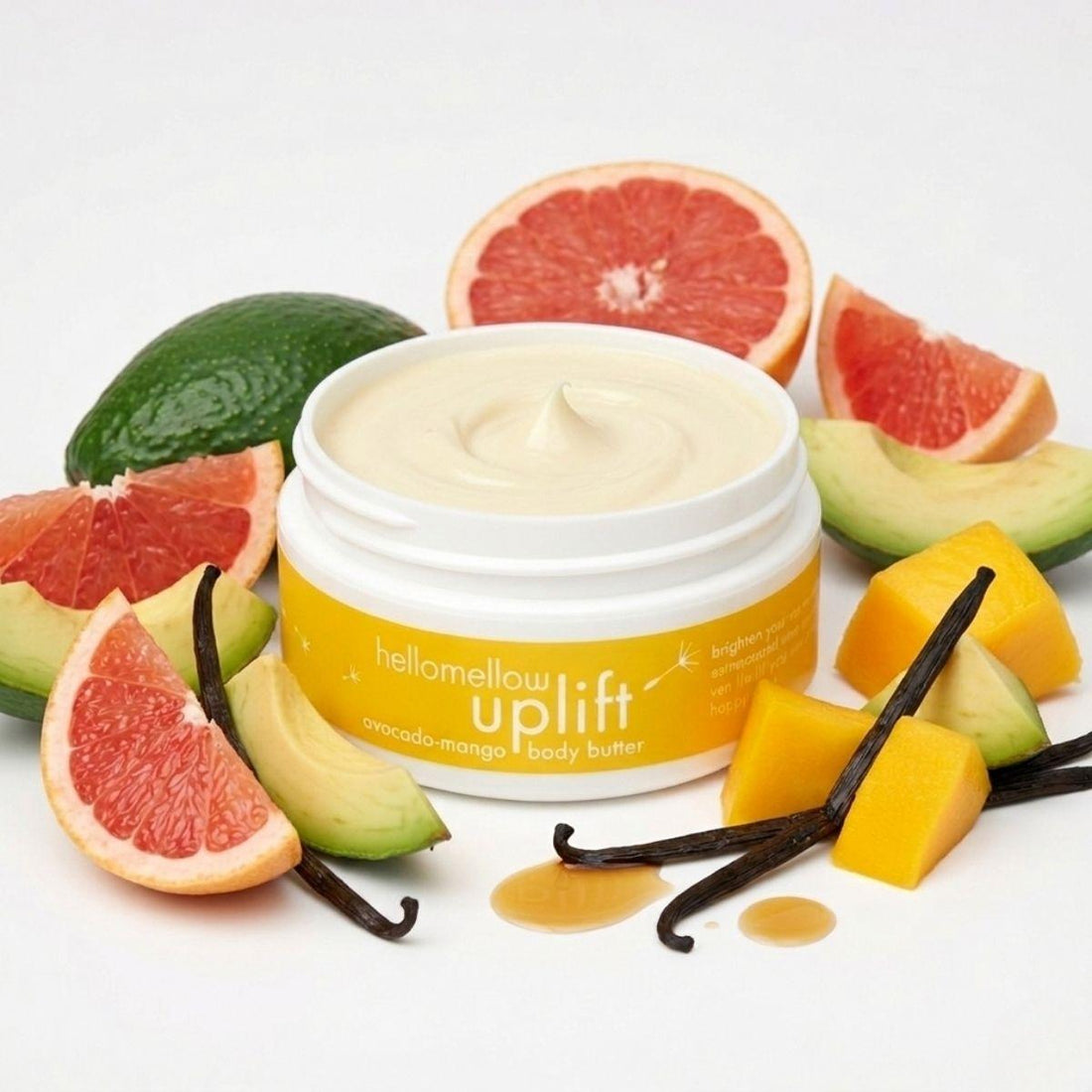 uplift body butter against a white background surrounded by aromatherapy notes