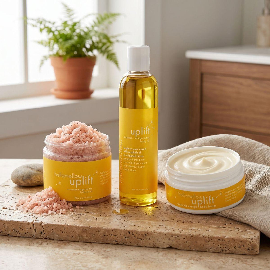 full uplift essential routine photo with body scrub and body butter open