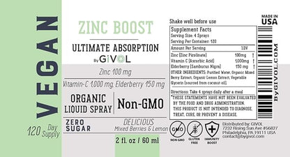 Organic ZINC Boost Mist 100 g (Extra Strength) - Sugar Free with VIT C and Elderberry Extract 2 oz