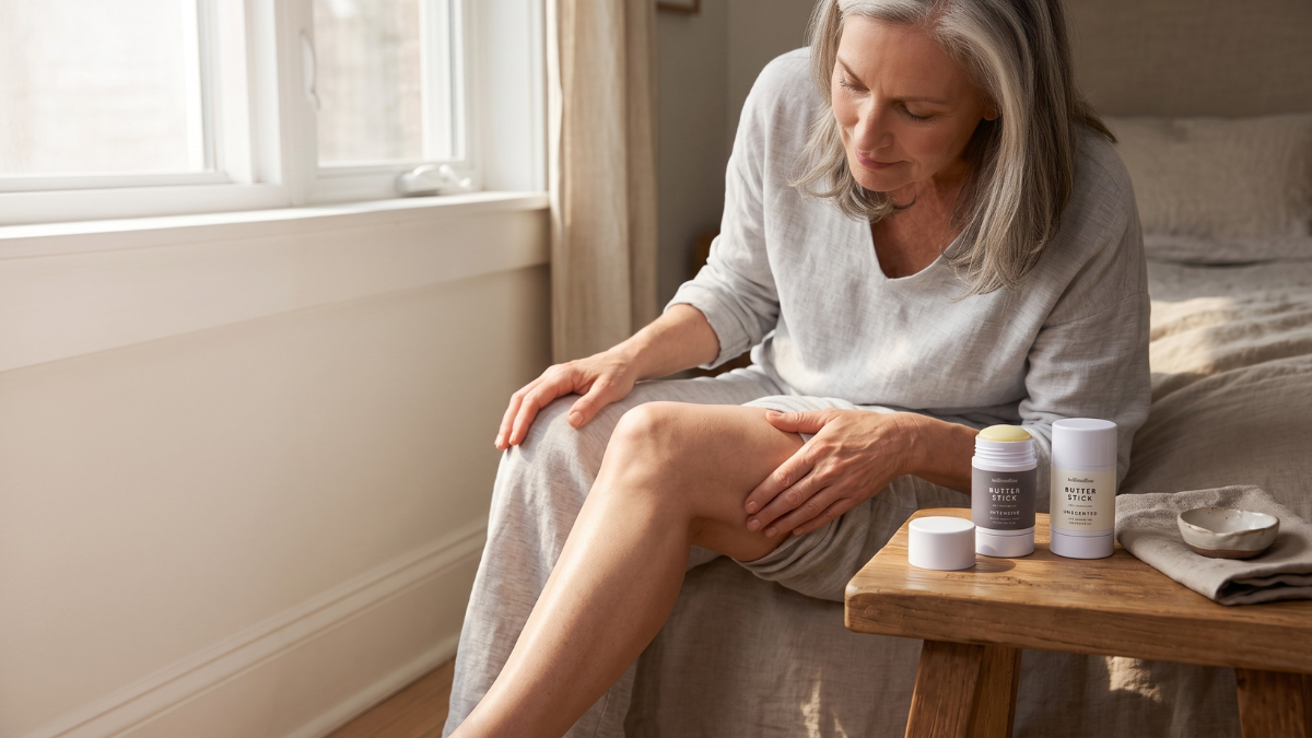 woman in her sixties massaging body butter into her outer thigh, hellomellow butter sticks on a wooden stool beside her
