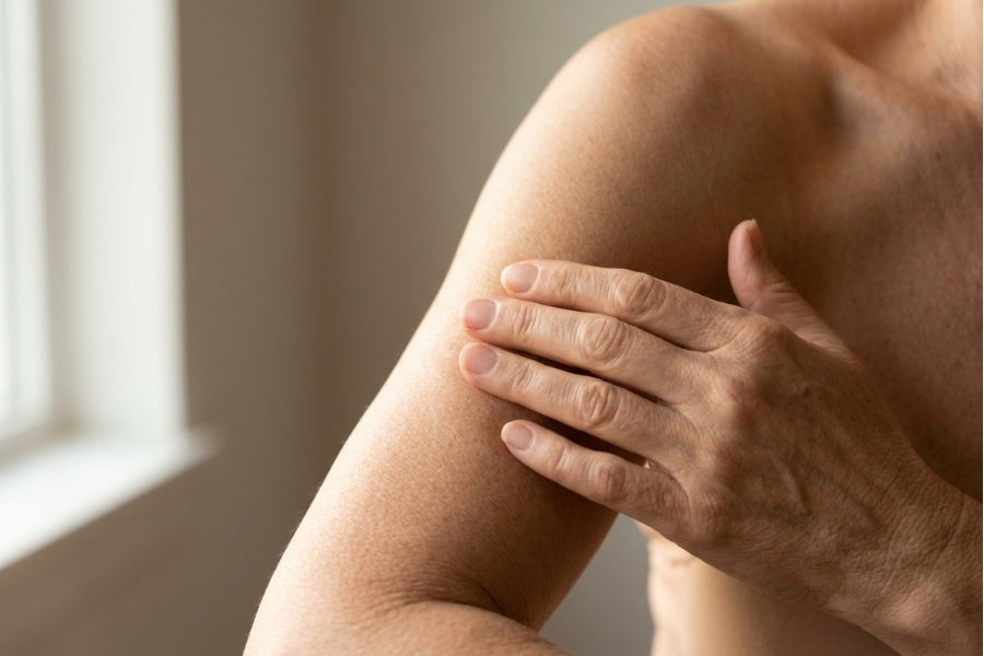 woman touching her skin noticing the texture of her skin