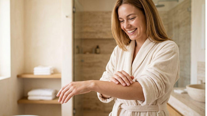 a woman gently runs her hand over her forearm while noticing how her skin feels.