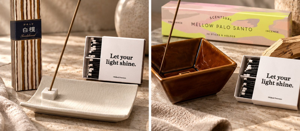two curated incense gift sets with ceramic holders and matches arranged in warm natural settings