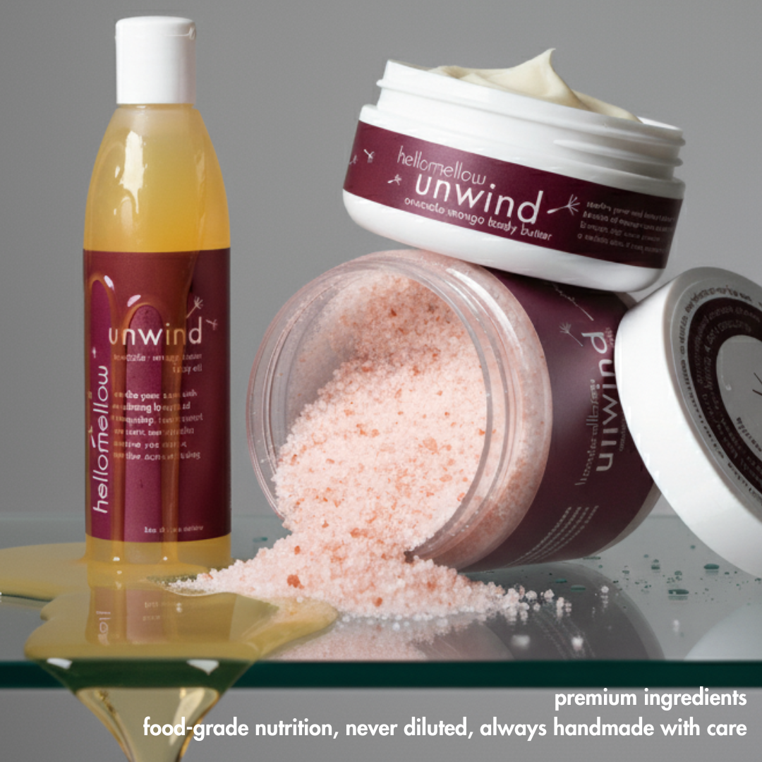 hellomellow essential set — body butter, scrub, and oil