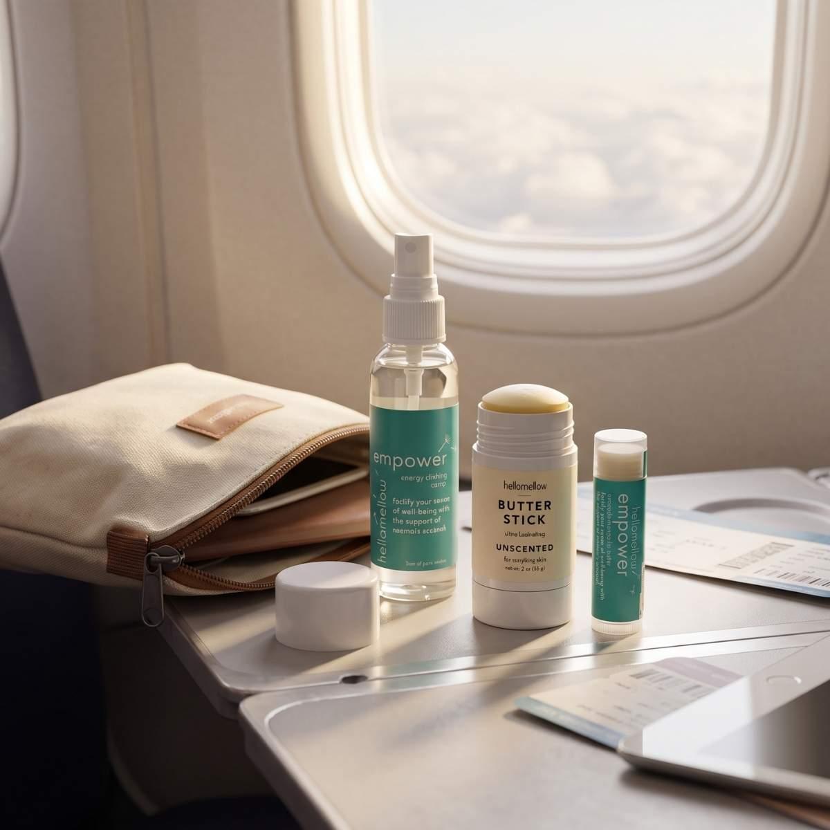 airplane hellomellow essentials, butter, aromatherapy spray and lip butter