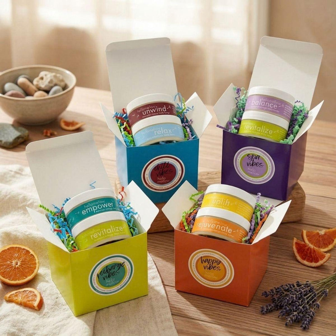 all vibe box gift sets open with butters exposed on a wood grain surface
