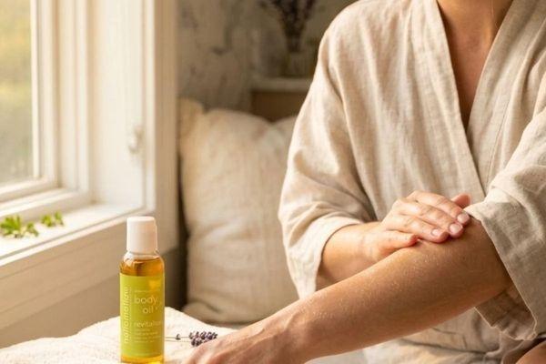 woman applying hellomellow body oil mini in revitalize to her arm after the bath 