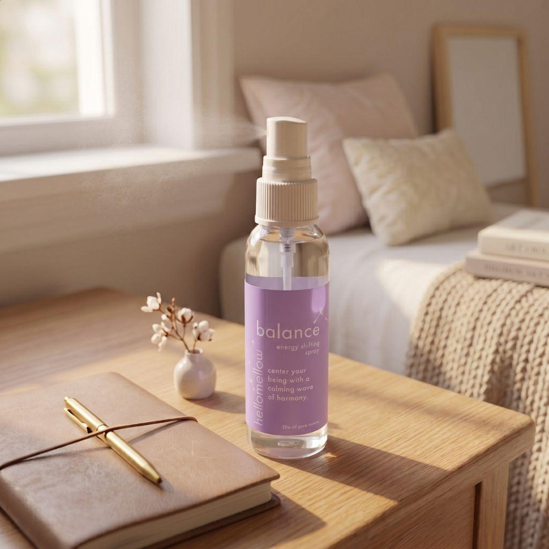 balance energy shifting spray on a bedside table in a simple everyday setting