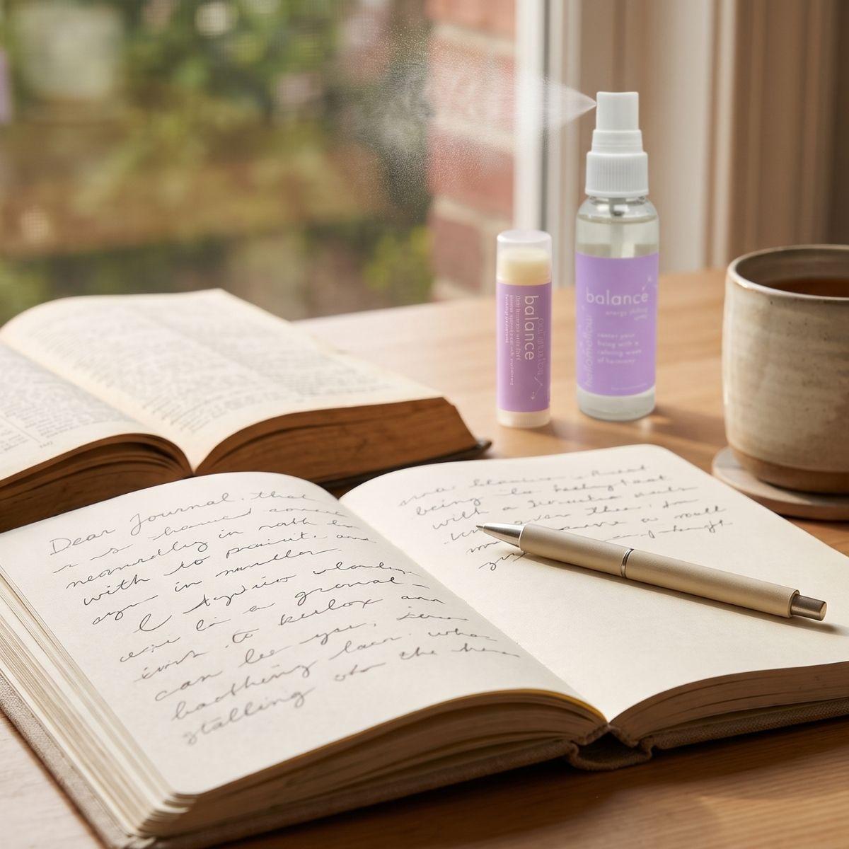 balance energy shifting spray and balance lip butter on a desk 