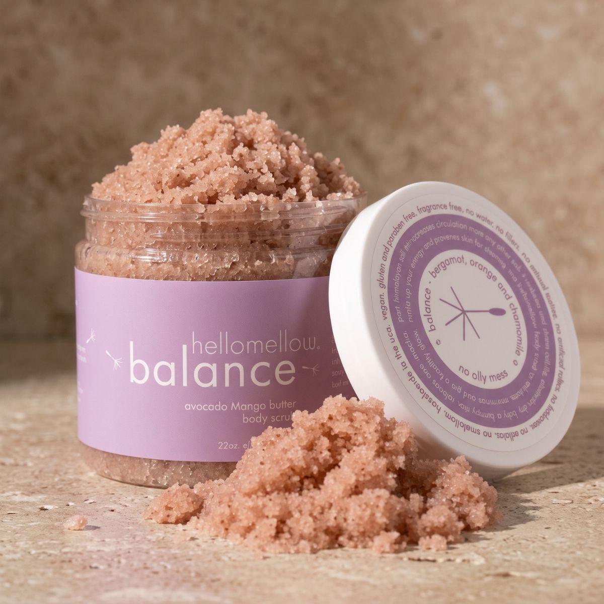 open balance body scrub showing the natural pink salt texture inside