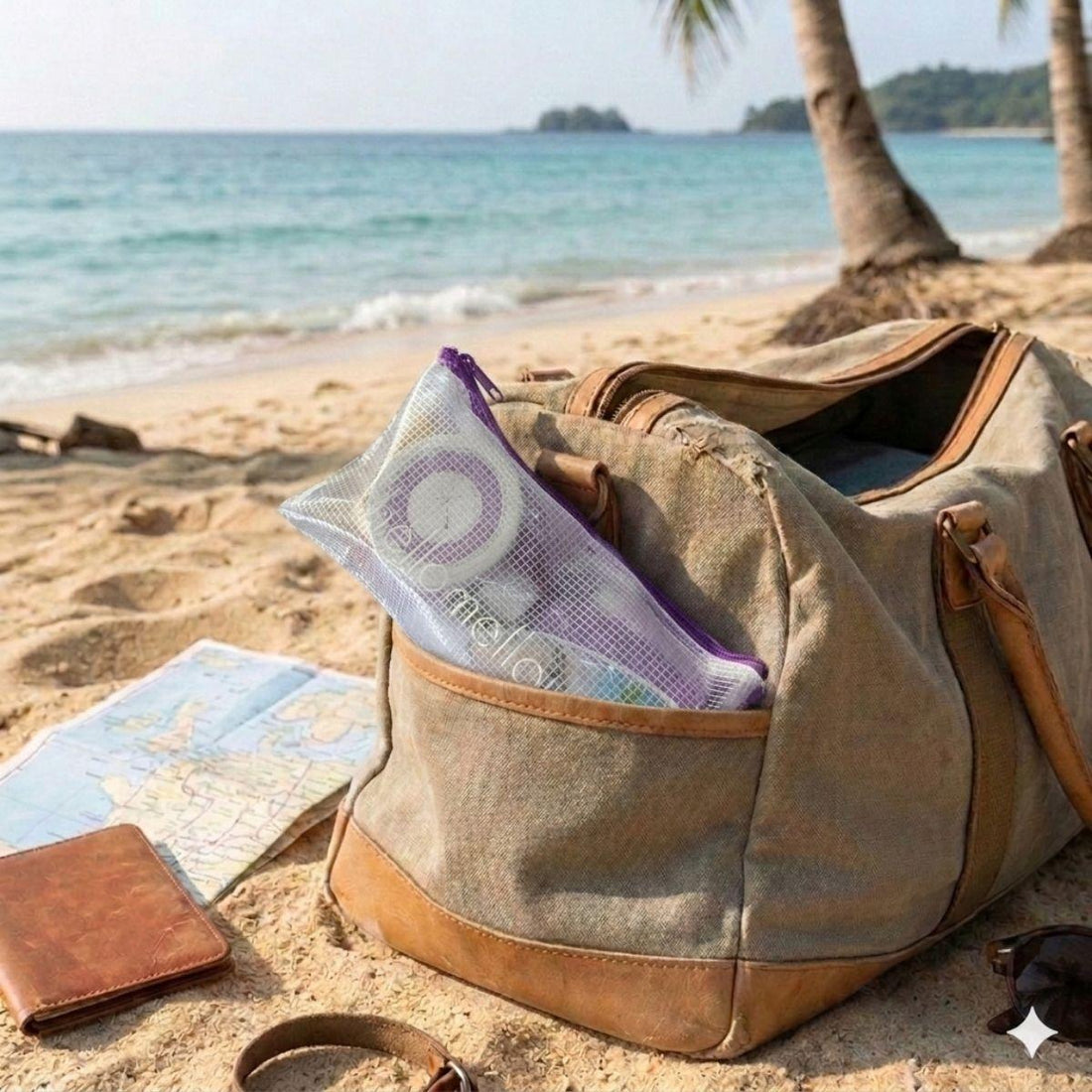 balance vacay vibe inside of branded hellomellow bag in a beach bag on the beach