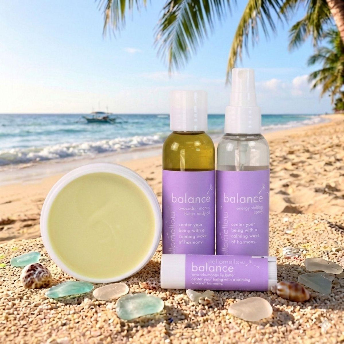 balance vacay vibe on a warm and sunny beach mini body oil, energy shifting spray, lip butter, and body butter 