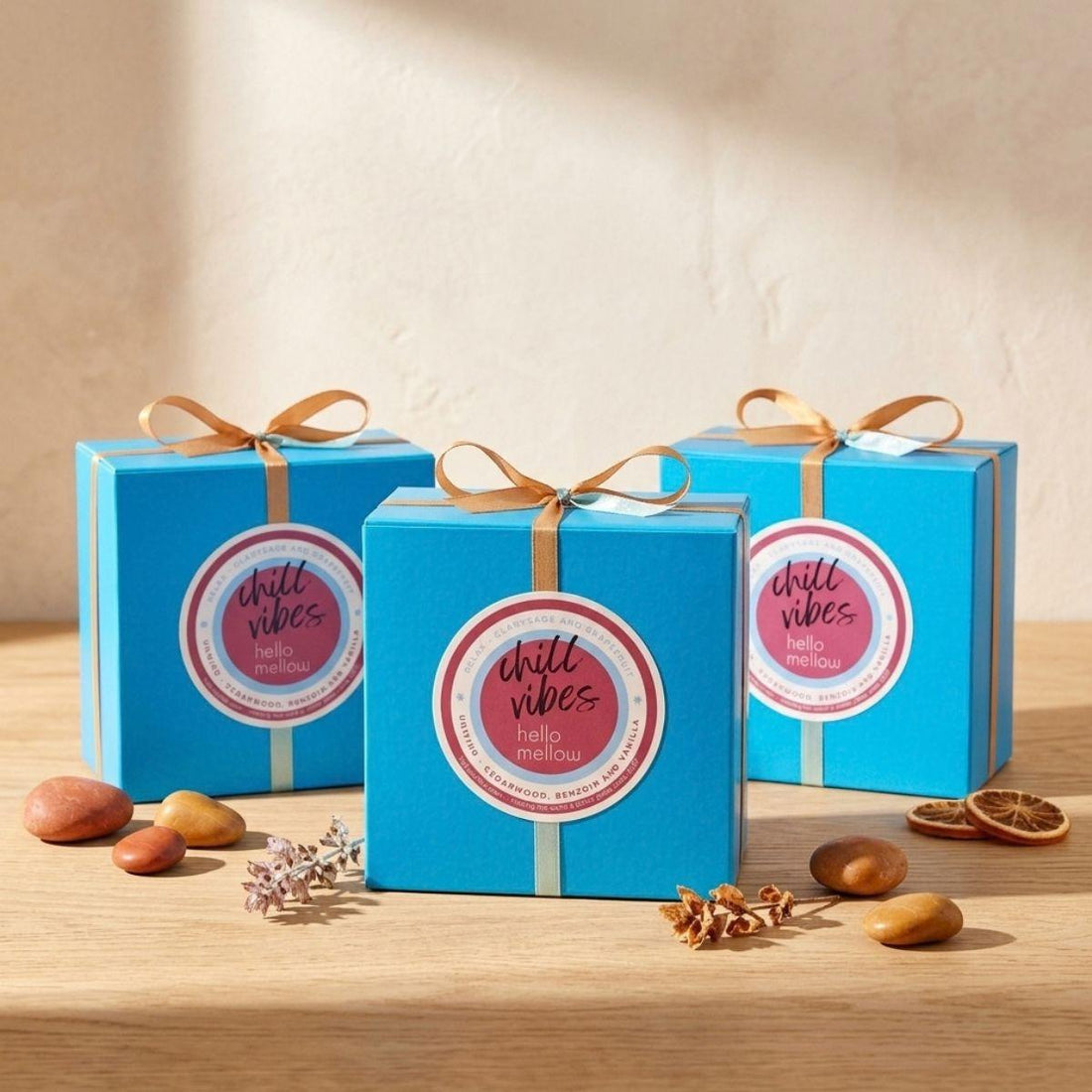 3 chill vibe boxes wrapped with a bow