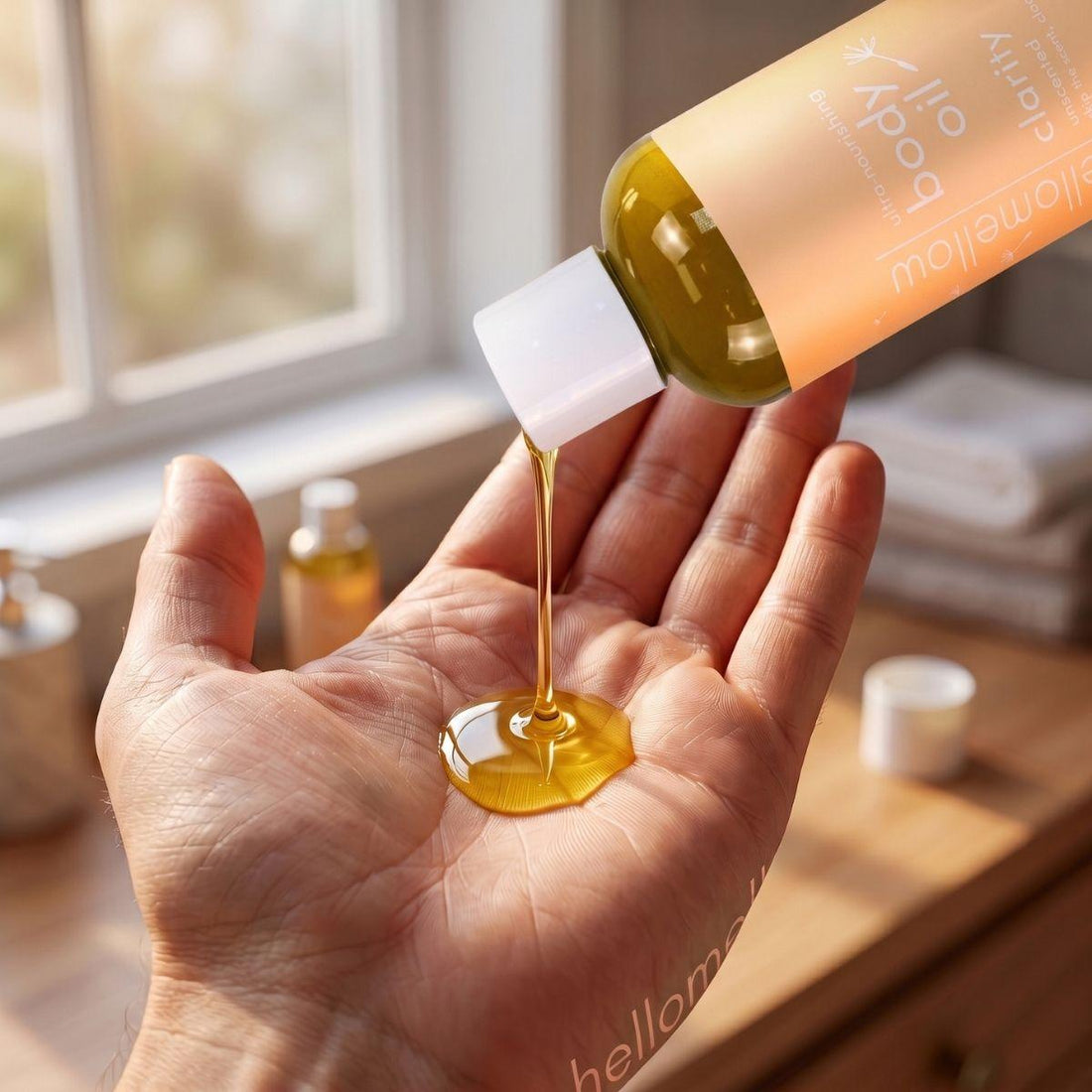 clarity body oil pouring into an open palm with the bottle nearby