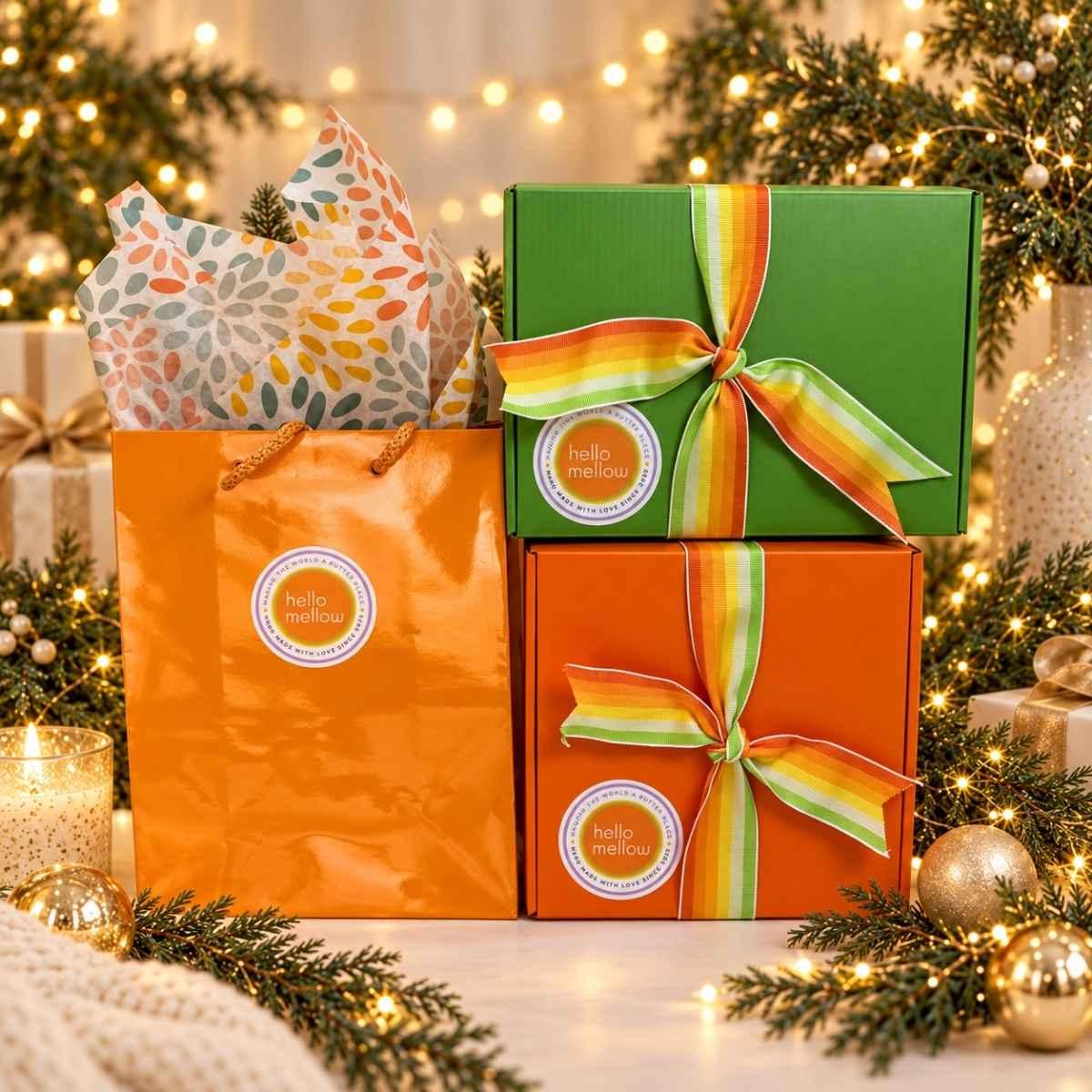 deluxe hellomellow gift wrap boxes and ribbon and gift bags with festive tissue paper in a holiday setting