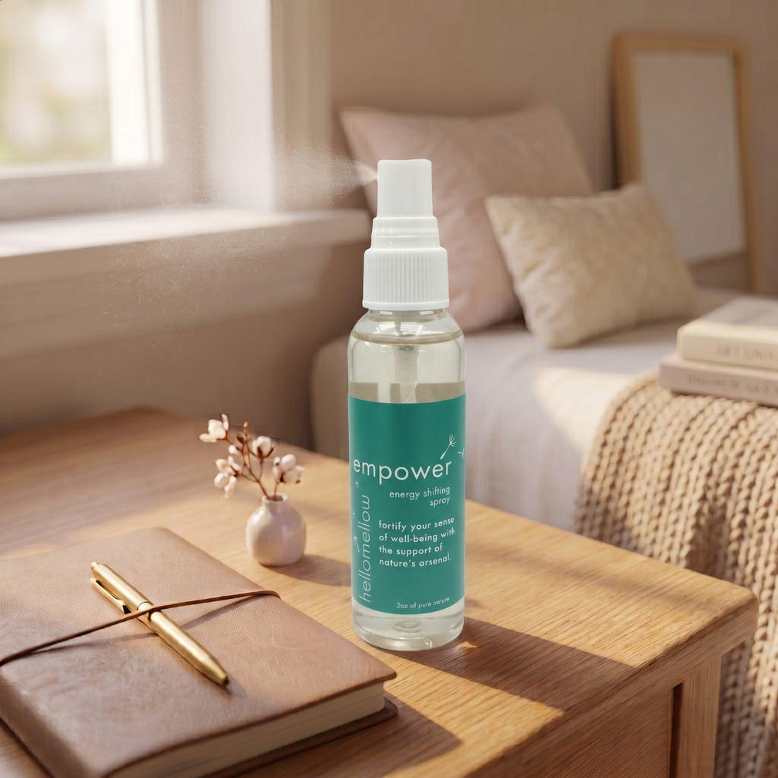 empwer energy shifting spray on a bedside table in a simple everyday setting
