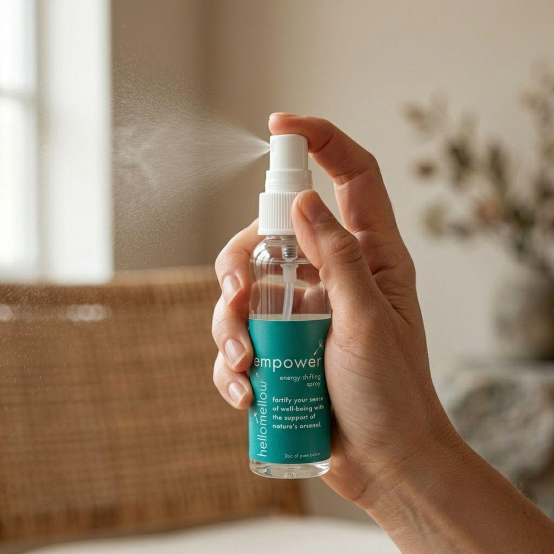 hand spraying a fine mist from the uplift energy shifting spray bottle
