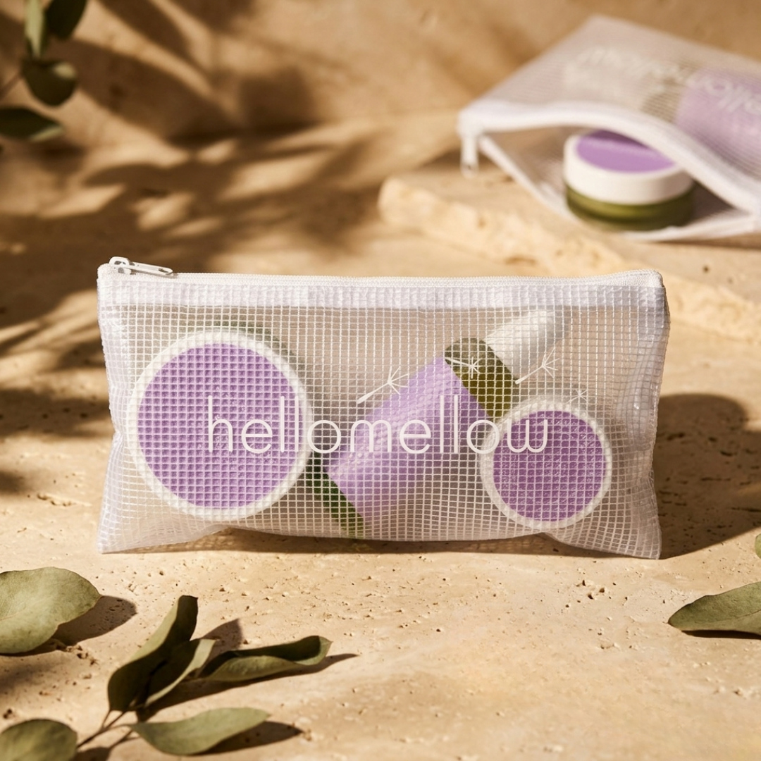 the essential routine mini in balance: body scrub, body oil and body butter with the free water-resistant bag