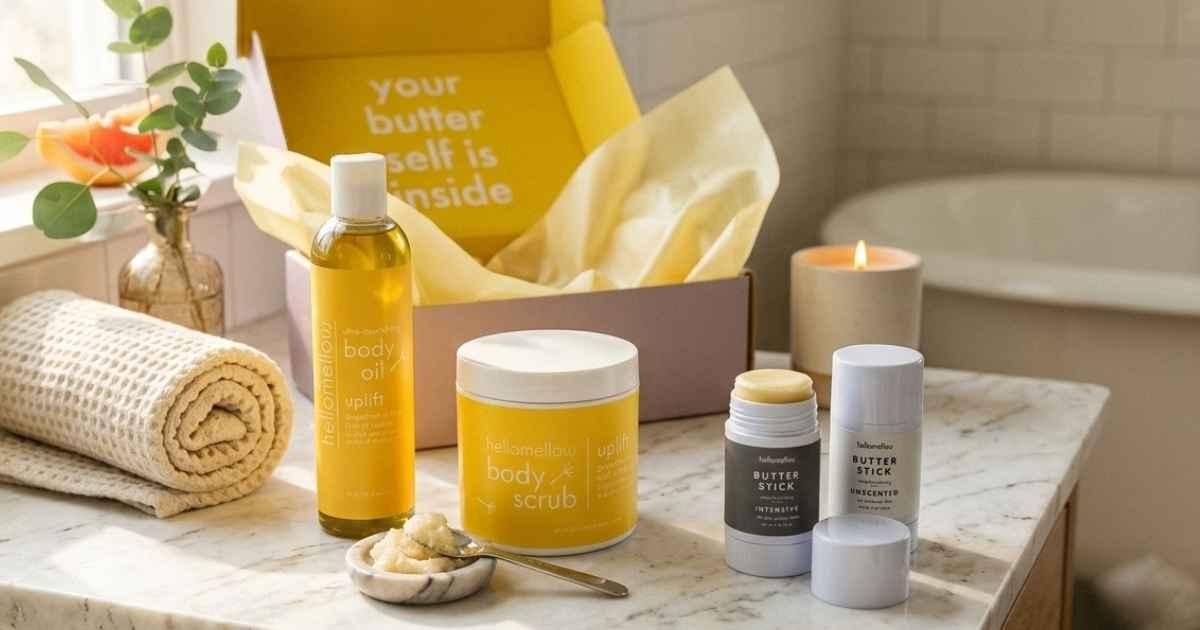 the essential routine, scrub oil and butter, on a bathroom counter in morning light