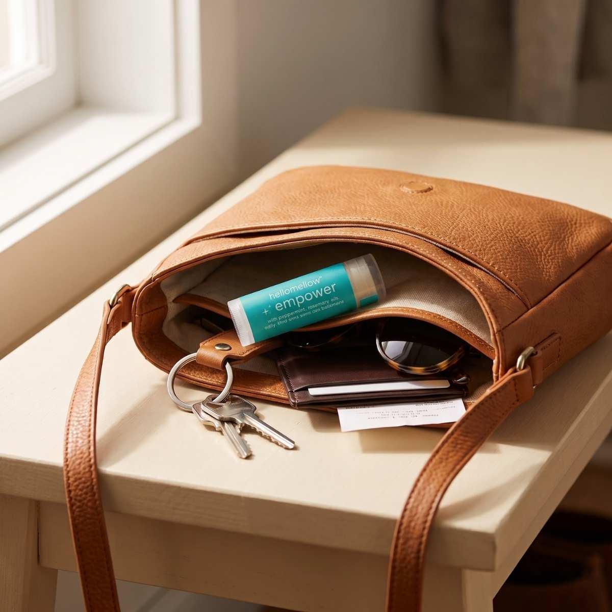 hellomellow empower lip butter resting in an everyday brown leather purse on a light wooden entryway bench.
