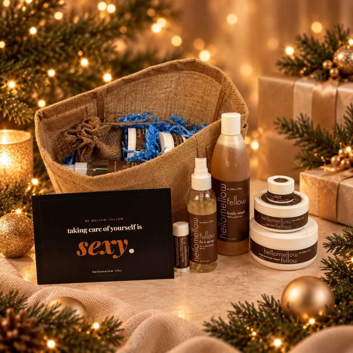 hellomellow fellow clean up kit open so you can see all of the products in a holiday setting in front of other gifts