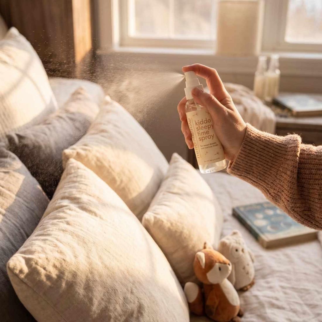 hellomellow kiddo sleepy time spray on pillows and linens