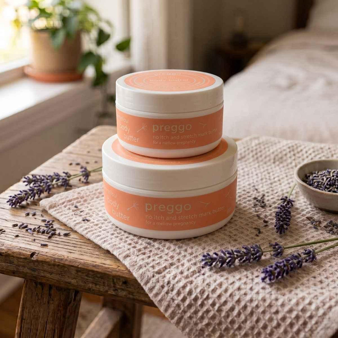 hellomellow preggo body butter 2 sizes on dresser