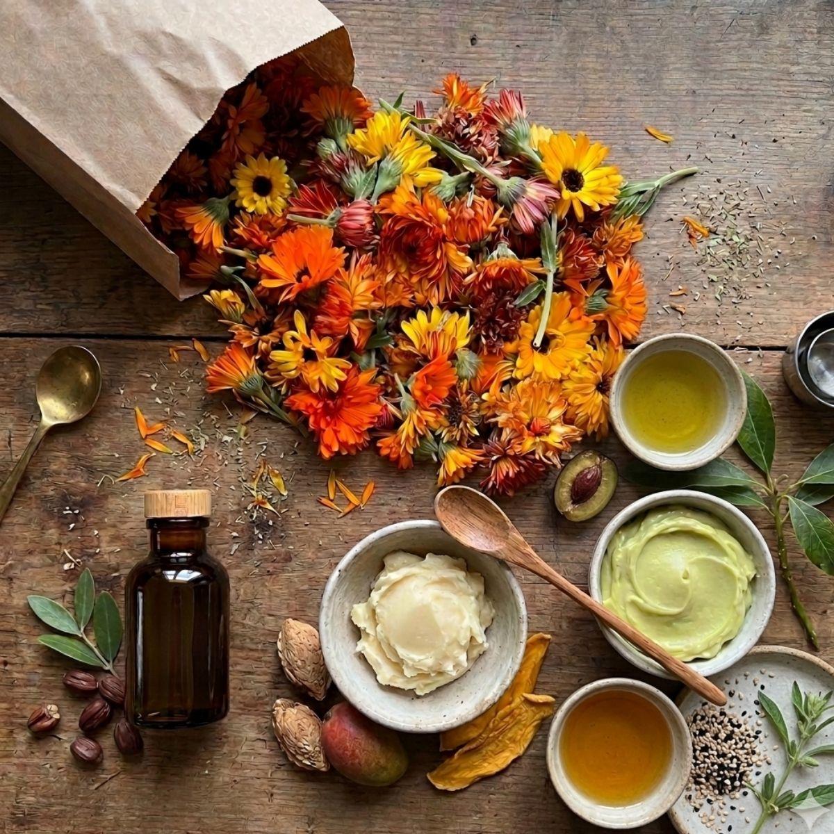 body butter ingredients raw avocado butter, mango butter calendula flowers, and essential oil