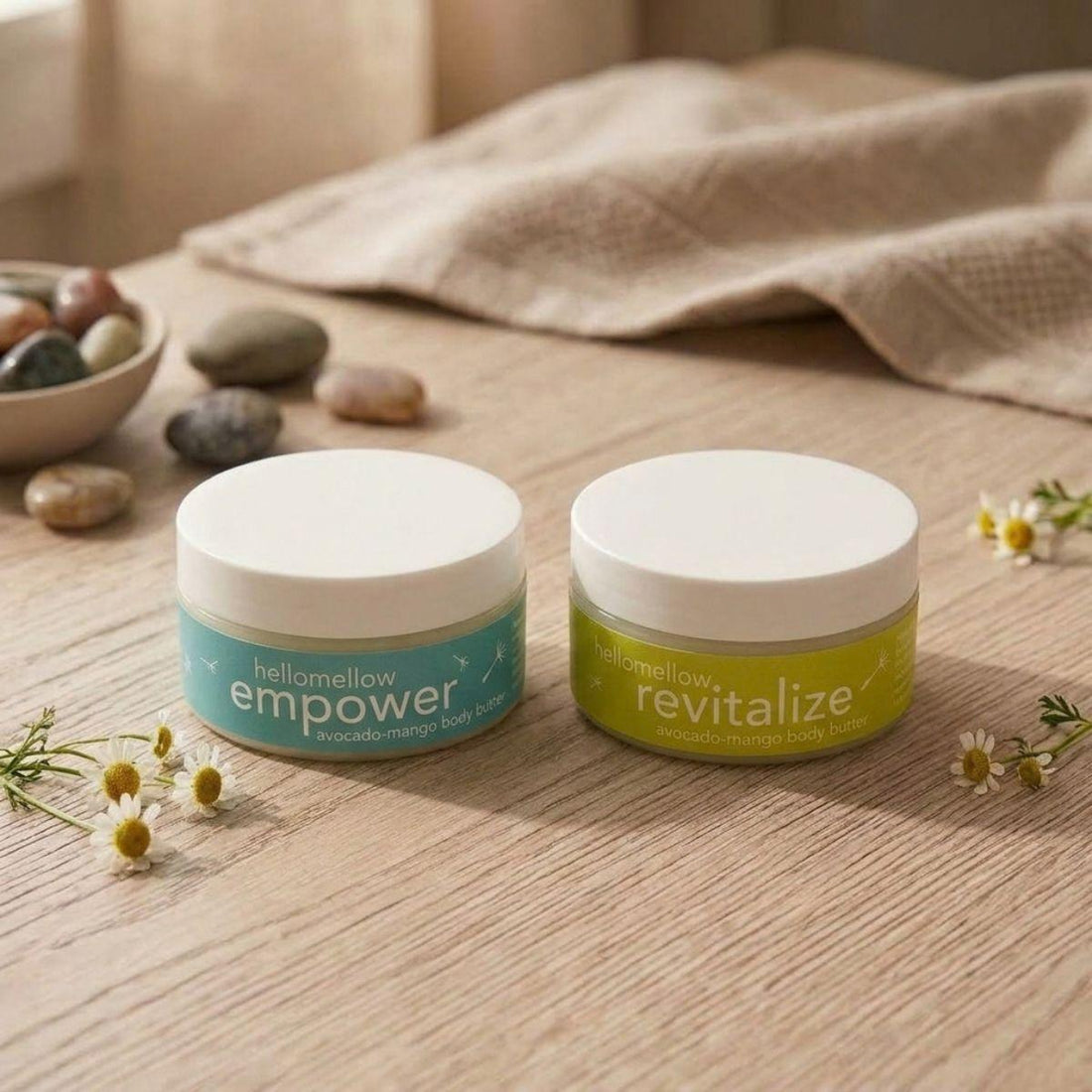 recharge vibes butter set empower and revitalize butters on a wood grain surface