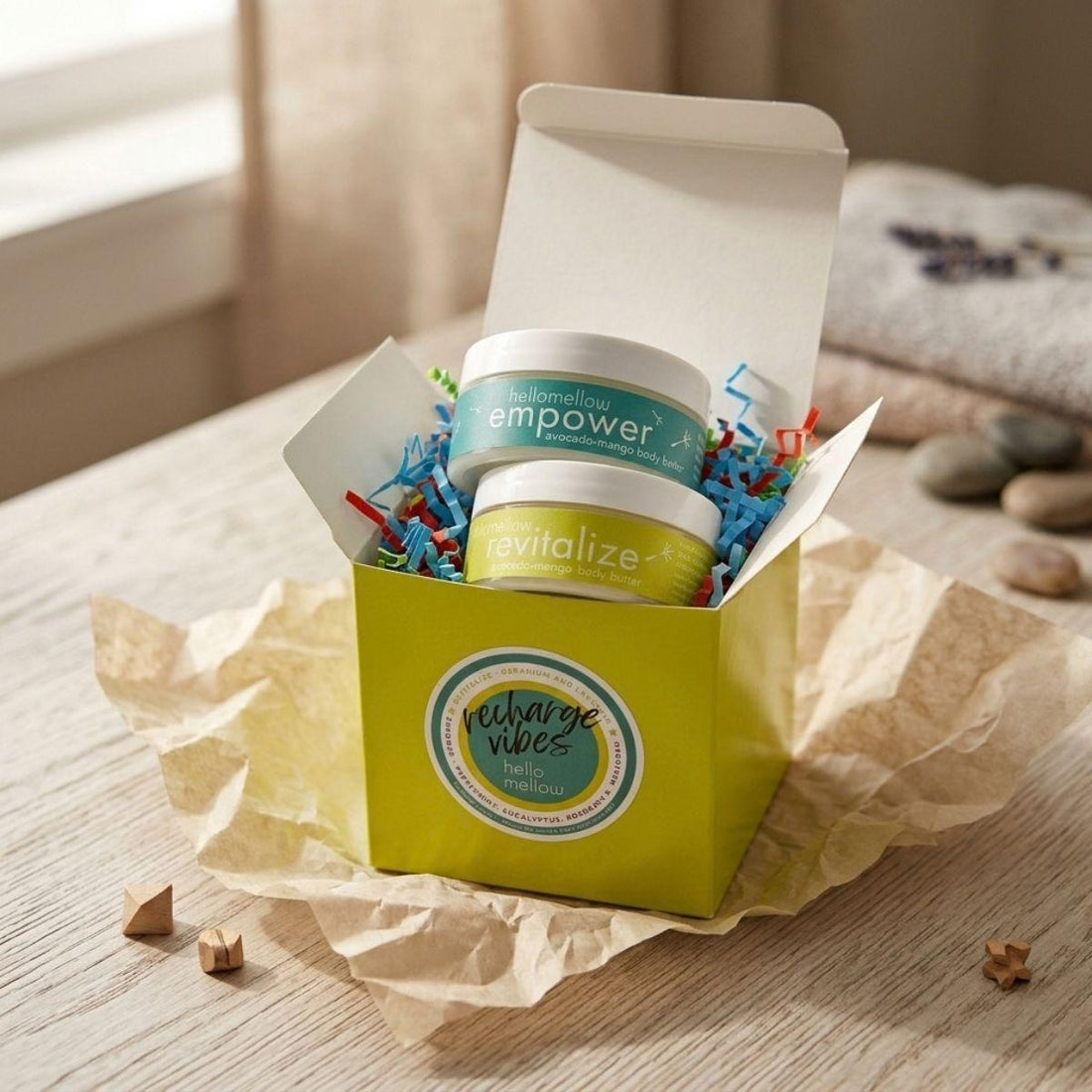 recharge vibes butter set box open with empower and revitalize 2 oz butters 
