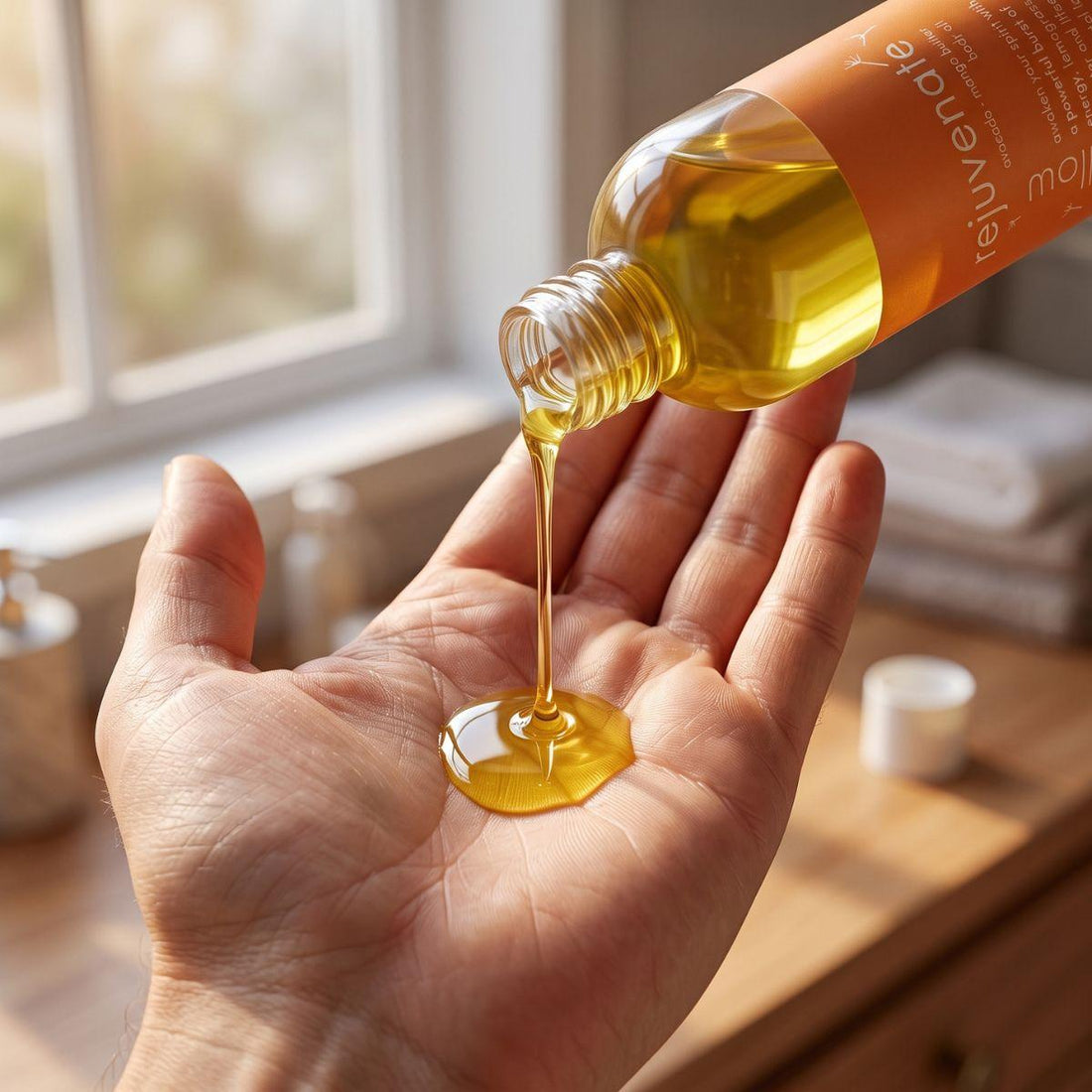 rejuvenate body oil pouring into an open palm with the bottle nearby