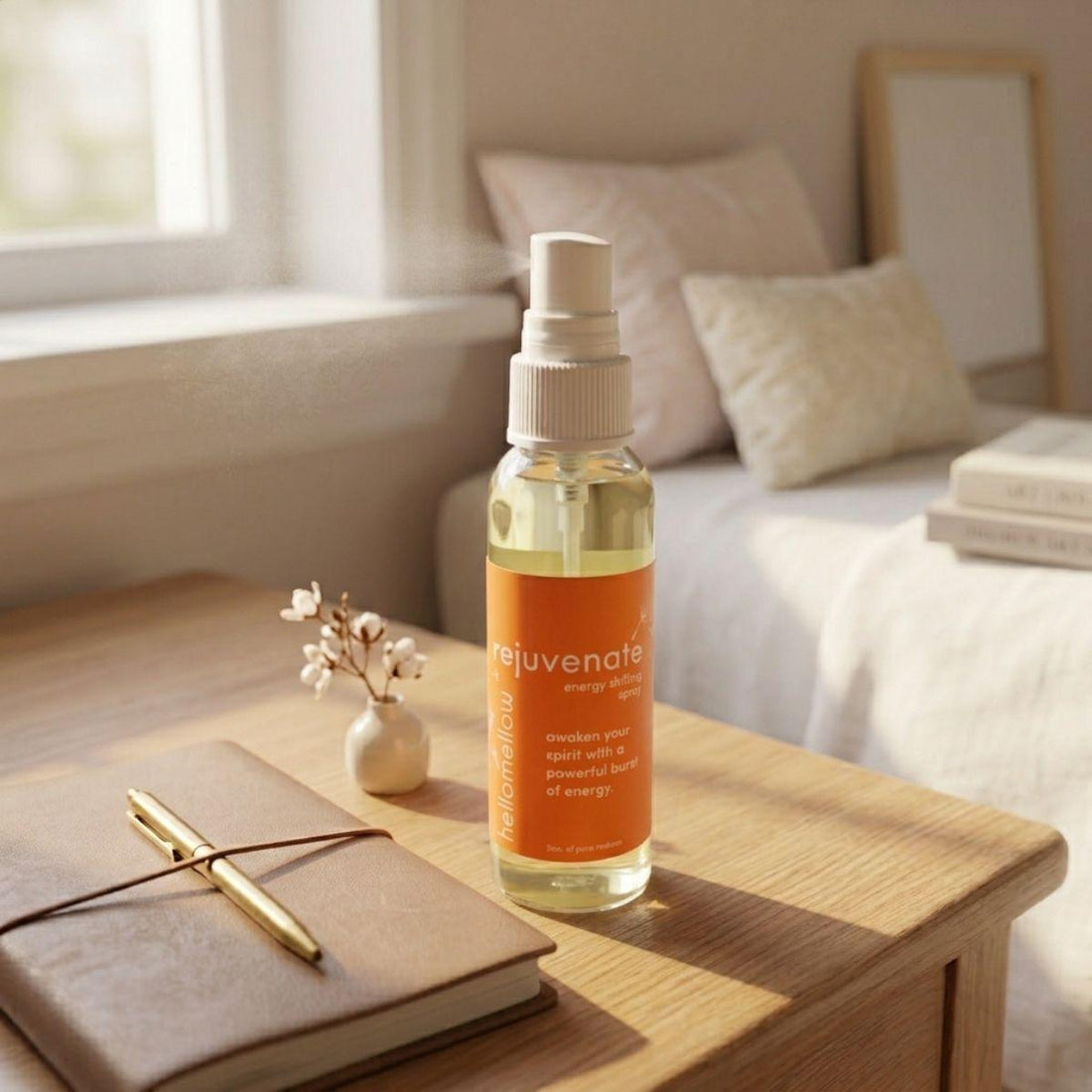 rejuvenate energy shifting spray on a bedside table in a simple everyday setting