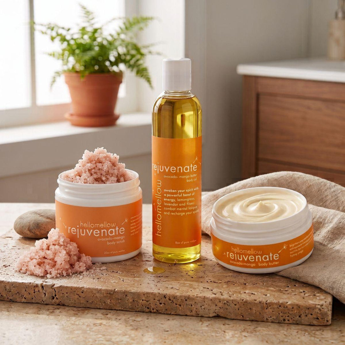 full rejuvenate essential routine photo with body scrub and body butter open 