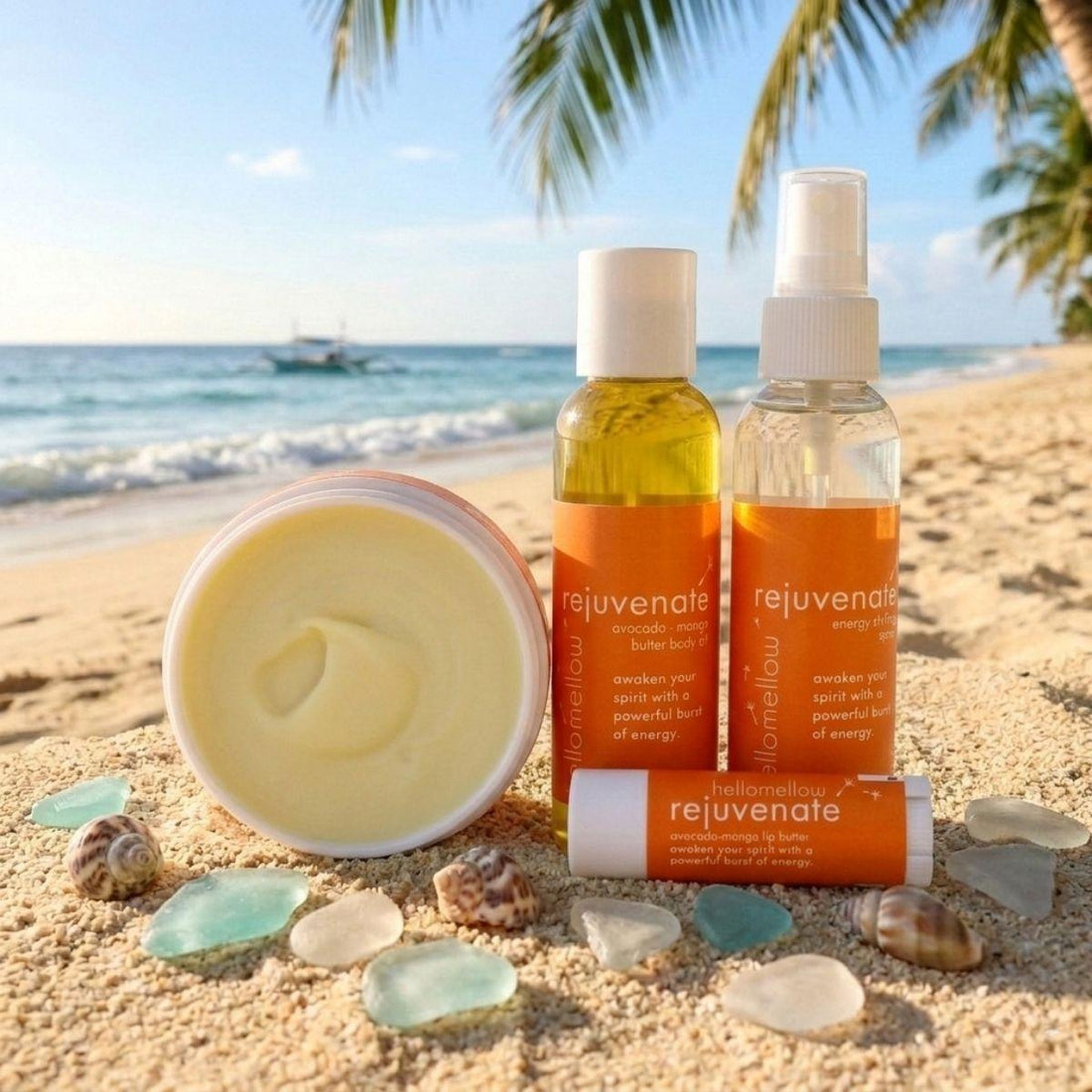 rejuvenate vacay vibe on a warm and sunny beach mini body oil, energy shifting spray, lip butter, and body butter 